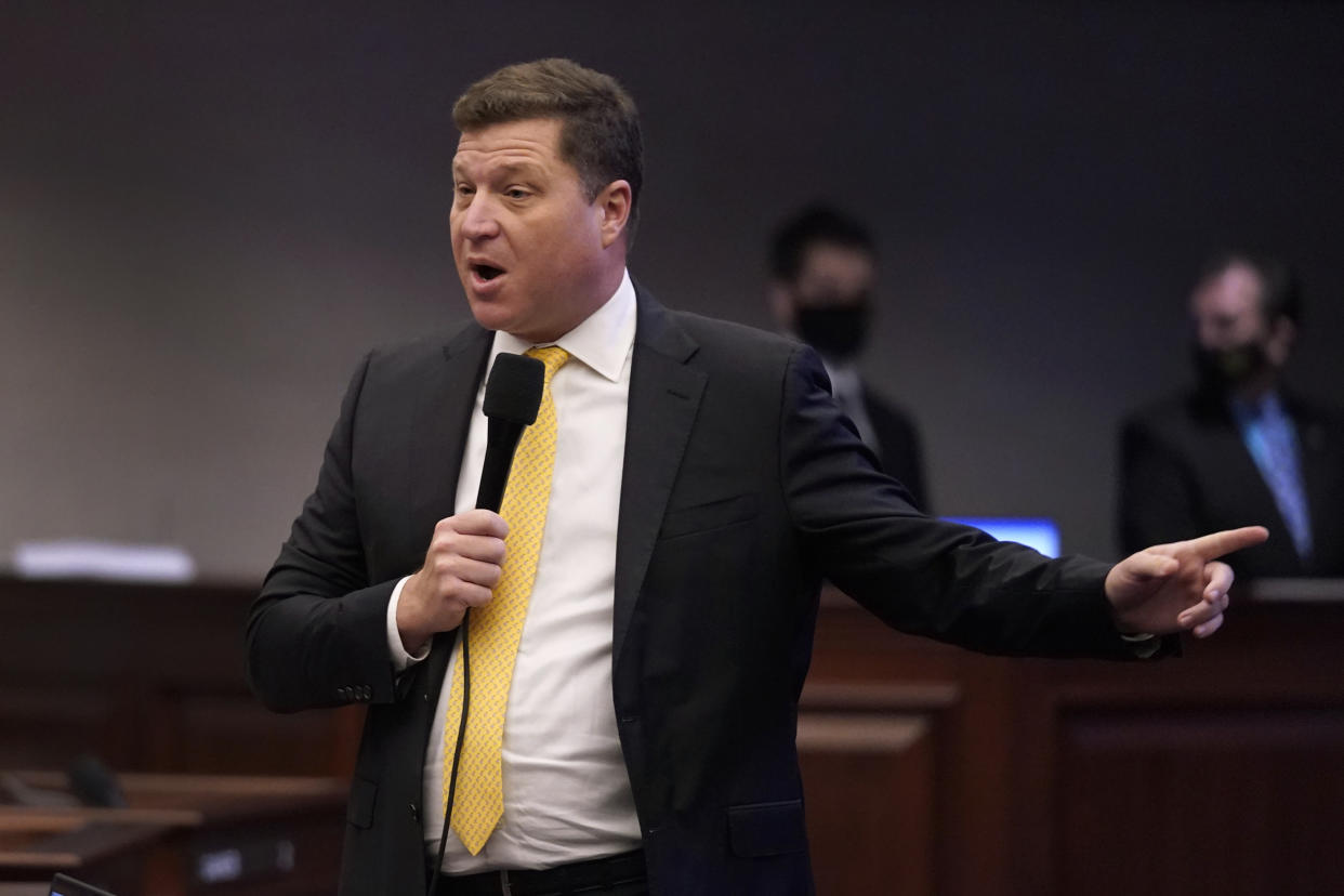 In this Thursday, April 29, 2021 file photo, Florida state Sen. Jeff Brandes speaks during a legislative session, at the Capitol in Tallahassee, Fla. After nearly a century on its lofty perch, the northern mockingbird's days may be numbered as the state bird of Florida. Brandes has filed legislation to strip the mockingbird of its title. (AP Photo/Wilfredo Lee, File)