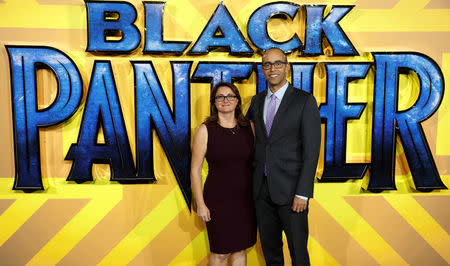 Executive Producers Victoria Alonso and Nate Moore arrive at the premiere of the new Marvel superhero film 'Black Panther' in London, Britain February 8, 2018. REUTERS/Peter Nicholls