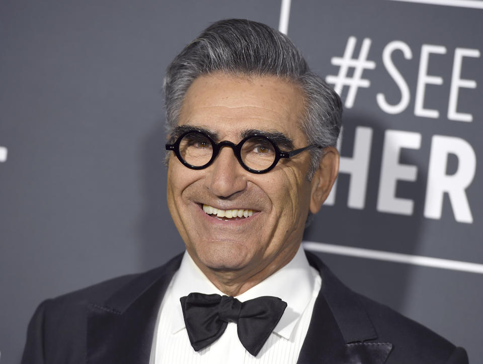 FILE - In this Jan. 13, 2019 file photo Eugene Levy arrives at the 24th annual Critics' Choice Awards, at the Barker Hangar in Santa Monica, Calif. The actor tuns 74 on Dec. 17. (Photo by Jordan Strauss/Invision/AP, File)