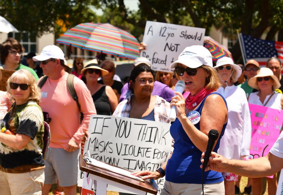 Hundreds of pro-abortion rights protesters showed up Saturday afternoon outside the Moore Justice Center in Viera for a Bans off Our Bodies protest.