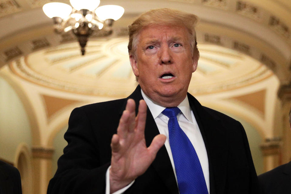 President Donald Trump speaks to members of the media after he arrived at a Senate Republican weekly policy luncheon at the U.S. Capitol on March 26, 2019, in Washington, D.C. (Photo: Alex Wong/Getty Images)