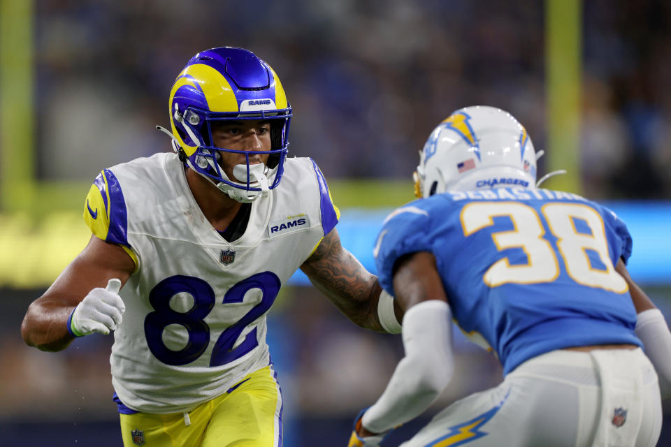 INGLEWOOD, CALIFORNIA – AUGUST 13: Lance McCutcheon #82 of the <a class="link " href="https://sports.yahoo.com/nfl/teams/la-rams/" data-i13n="sec:content-canvas;subsec:anchor_text;elm:context_link" data-ylk="slk:Los Angeles Rams;sec:content-canvas;subsec:anchor_text;elm:context_link;itc:0">Los Angeles Rams</a> lines up against <a class="link " href="https://sports.yahoo.com/nfl/players/34635" data-i13n="sec:content-canvas;subsec:anchor_text;elm:context_link" data-ylk="slk:Brandon Sebastian;sec:content-canvas;subsec:anchor_text;elm:context_link;itc:0">Brandon Sebastian</a> #38 during a 29-22 win in a preseason game at SoFi Stadium on August 13, 2022 in Inglewood, California. (Photo by Harry How/Getty Images)