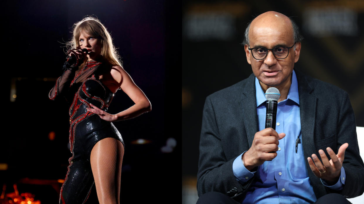 Taylor Swift at her Melbourne concert and President Tharman Shanmugaratnam at Singapore FinTech Festival. (PHOTO: Getty Images)