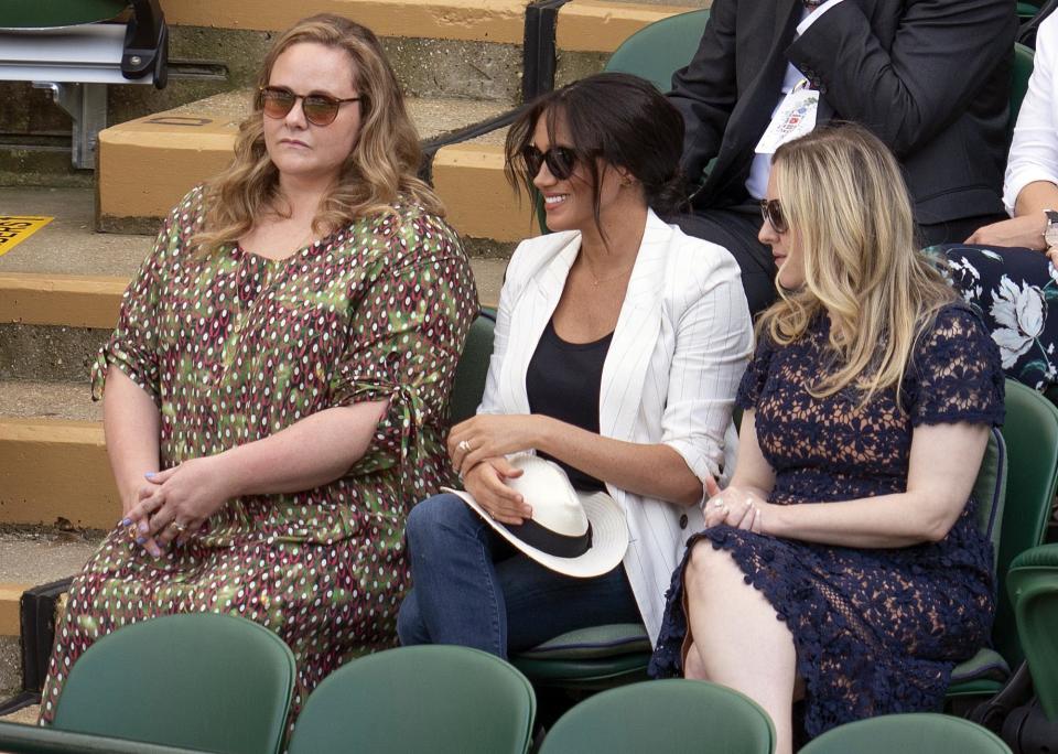 Jul 4, 2019; London, United Kingdom; Meghan Markle, Duchess of Sussex in attendance for the Kaja Juvan (SLO) and Serena Williams (USA) match on day four at the All England Lawn and Croquet Club. Mandatory Credit: Susan Mullane-USA TODAY Sports/Sipa USA