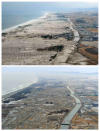 The tsunami-devastated Iwanuma city in Miyagi prefecture, is seen in these images taken March 11, 2011 (top) and March 1, 2012, in this combination photo released by Kyodo on March 7, 2012, ahead of the one-year anniversary of the March 11 earthquake and tsunami. Mandatory Credit REUTERS/Kyodo