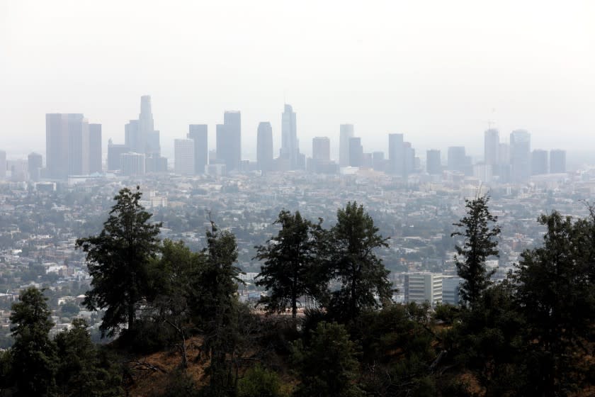 The Los Angeles skyline is shrouded in smoke from the Bobcat Fire as seen from the Griffith Observatory in Los Angeles.