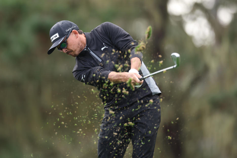 Rickie Fowler plays his shot from the 12th tee during the first round of the 2024 AT&T Pebble Beach Pro-Am at Spyglass Hill Golf Course. (Photo by Ezra Shaw/Getty Images)