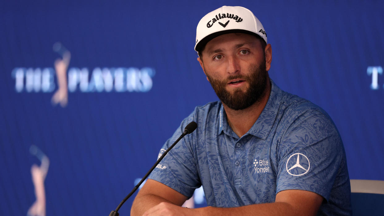  Jon Rahm talks to the media ahead of the 2023 Players Championship at TPC Sawgrass 