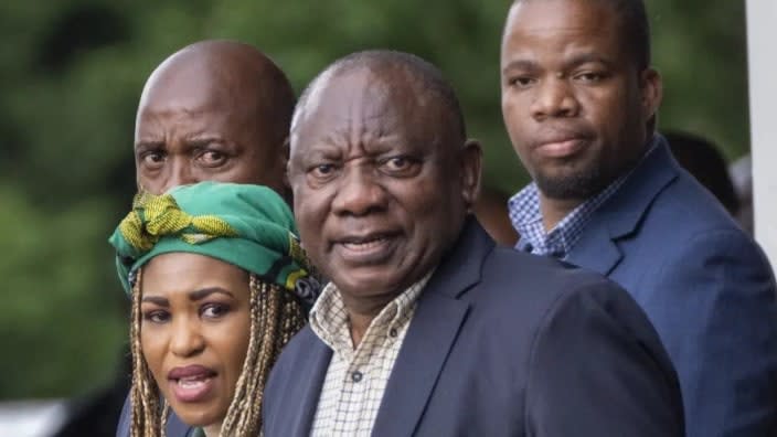 South African President Cyril Ramaphosa (center) leaves an African National Congress national executive committee in Johannesburg, South Africa earlier this month. Ramaphosa is fighting for his political future in a dramatic reversal of fortunes for an anti-apartheid icon once admired for tackling the problems of Africa’s most developed economy. (Photo: Jerome Delay/AP, File)