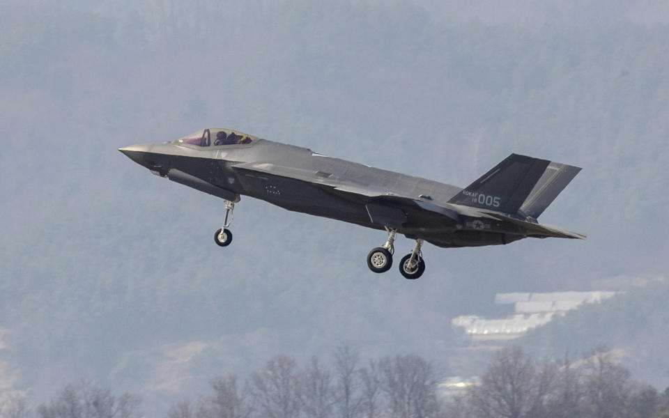 A U.S. made F-35A fighter jet prepares to land at Cheongju Air Base in Cheongju, South Korea, Friday, March 29, 2019. South Korea on Friday received the first two of the 40 F-35A fighter jets that it has agreed to buy from Lockheed Martin by 2021. The F-35A jets that arrived at the airport in southern South Korea have become the country's first stealth fighter jets. North Korea has previously called the introduction of F-35A aircraft a plot by Seoul to attack North Korea. (Jin Sung-chul/Yonhap via AP)