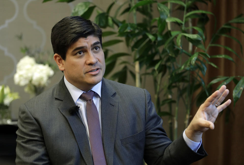 In this Monday, March 11, 2019, photo, Costa Rican president Carlos Alvarado gestures as he takes part in an interview with The Associated Press in Seattle. Alvarado said that Central America should not be satisfied until Nicaragua holds free elections and re-establishes a free press, democracy and human rights guarantees, and that turmoil in Nicaragua is having an impact on regional immigration and the economy. (AP Photo/Ted S. Warren)