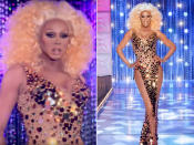 <p>Upon first glance, you'd think this prancing queen's high-cut, floor-length, golden nude illusion gown can't get any better — until Ru rips the bottom part away to reveal a sexy shorter hem. Has any gown ever had a better day-to-night transition?</p>