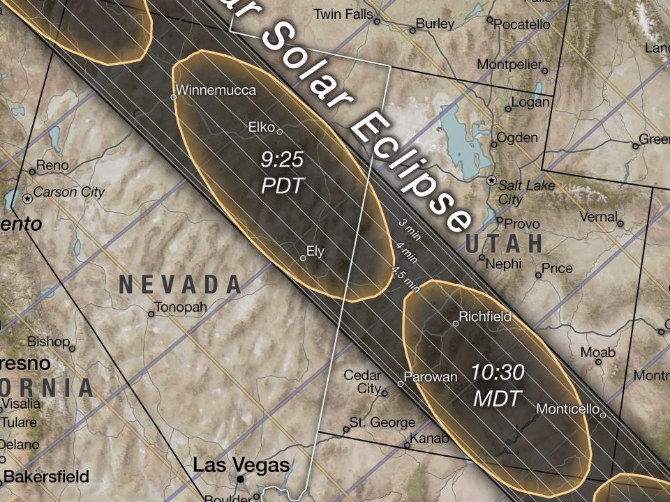 zoomed shot of nasa map shows eclipse shadow running through northern Nevada and Utah in October 2023