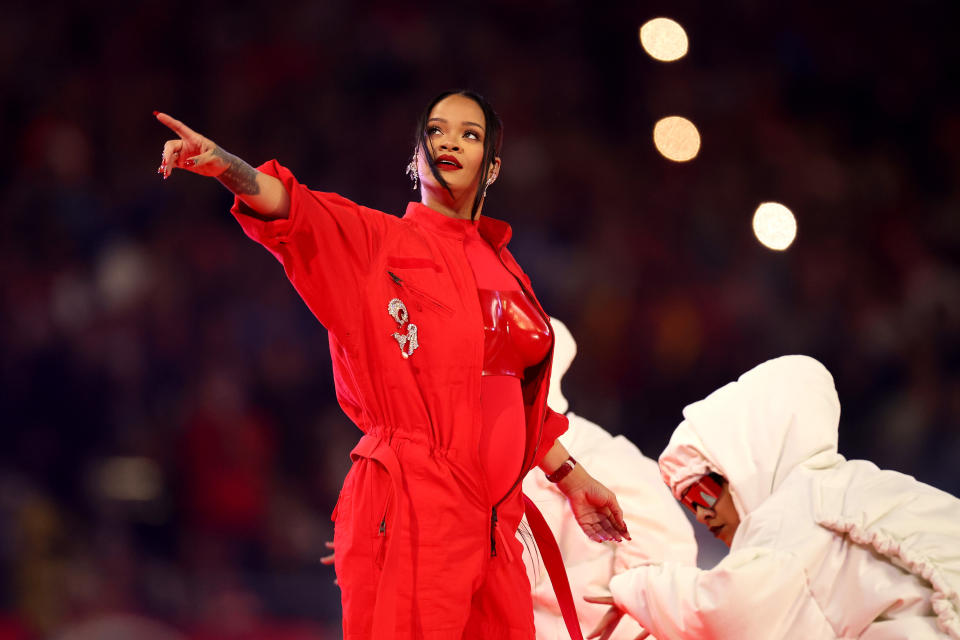 Rihanna onstage at the Super Bowl