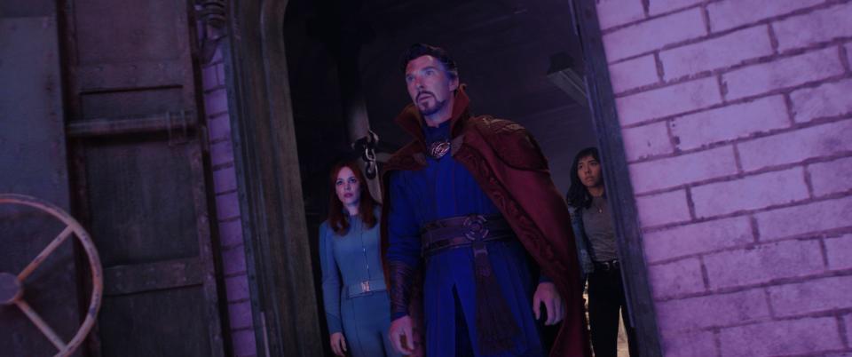 Heroic sorcerer Stephen Strange (Benedict Cumberbatch, center) gets assistance on his latest magical mission from his ex Christine Palmer (Rachel McAdams) and newcomer America Chavez (Xochitl Gomez) in "Doctor Strange in the Multiverse of Madness."