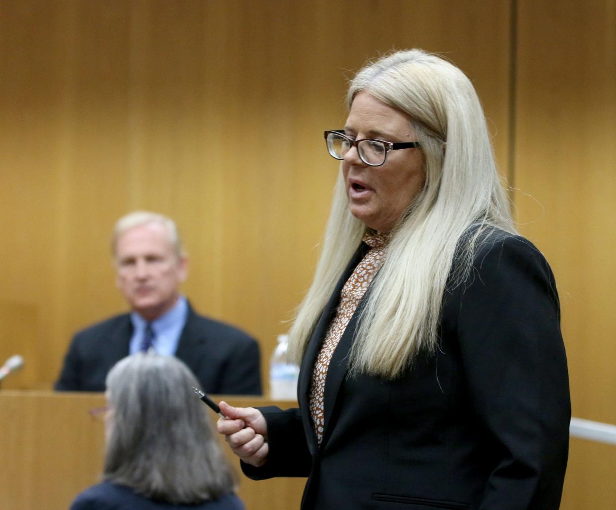 Ocean County Assistant Ocean County Prosecutor Christine Lento cross examines Christopher Gregor's father David Gregor during a hearing before Superior Court Judge Guy P. Ryan in Toms River Thursday, May 9, 2024. Gregor is charged with the 2021 murder and child endangerment of his 6-year-old son Corey Micciolo.