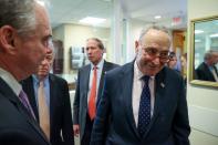 U.S. Senate Minority Leader Schumer arrives for a news conference after the final vote on the war powers resolution regarding potential military action against Iran, at the Capitol in Washington