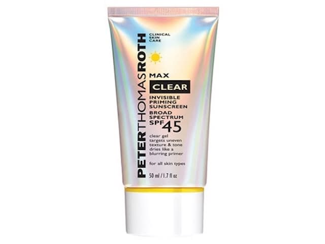 <p>Part sunscreen, part primer, this <a href="https://shop-links.co/cg1oFFjaW7C" rel="nofollow noopener" target="_blank" data-ylk="slk:gel formula by Peter Thomas Roth;elm:context_link;itc:0;sec:content-canvas" class="link ">gel formula by Peter Thomas Roth</a> is applauded for its clear formula that wards off sun damage without leaving a white cast behind. Designed to dry like a blurring primer, this chemical sunscreen is a great option for those looking for a sunscreen that pairs well under makeup, as well as those who love the look of clean, clear, even skin. Point blank: Whether you wear this clear SPF on its own or under makeup, you’re sure to be shocked by its effects.</p> <div class="buy-now pmc-product-wrapper // lrv-u-border-b-1 lrv-u-border-color-grey-light lrv-u-padding-b-150 lrv-u-margin-b-2"> <span class="c-span  buy-now__title lrv-u-font-family-secondary lrv-u-font-weight-700 lrv-u-font-size-28 u-font-size-34@tablet lrv-u-line-height-small lrv-u-display-block"> Peter Thomas Roth Max Clear Invisible Priming Sunscreen Broad Spectrum SPF 45</span> <span class="c-span  buy-now__price pmc-product-price lrv-u-font-family-secondary lrv-u-font-size-20 lrv-u-color-grey-dark u-font-size-21@tablet u-letter-spacing-012"> $38</span> <div> <a class="link " href="https://shop-links.co/cg1oFFjaW7C" rel="nofollow noopener" target="_blank" data-ylk="slk:Buy now;elm:context_link;itc:0;sec:content-canvas"> <span class="c-button__inner lrv-u-color-white a-font-secondary-bold-xs lrv-u-text-transform-uppercase u-letter-spacing-015"> Buy now </span> </a> </div> </div>