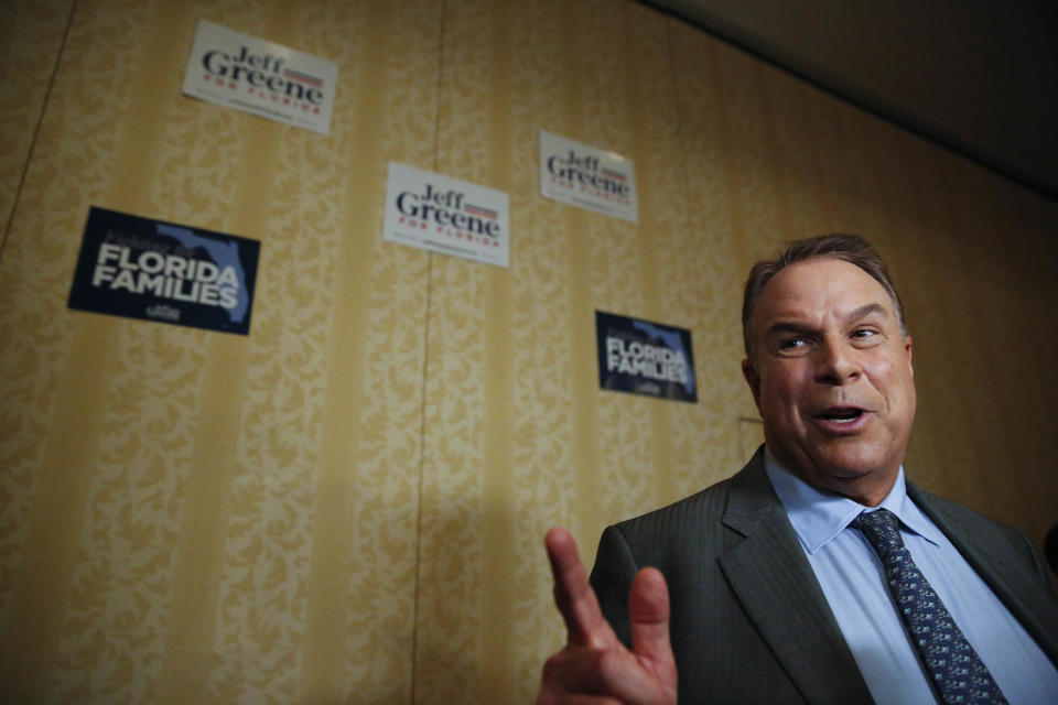 Democratic gubernatorial candidate Jeff Greene speaks to the media after a debate ahead of the Democratic primary for governor on Thursday, Aug. 2, 2018, in Palm Beach Gardens, Fla. Democrats running for Florida governor, including Greene, are sharply criticizing the National Rifle Association and say it has too much clout in state government. (AP Photo/Brynn Anderson)