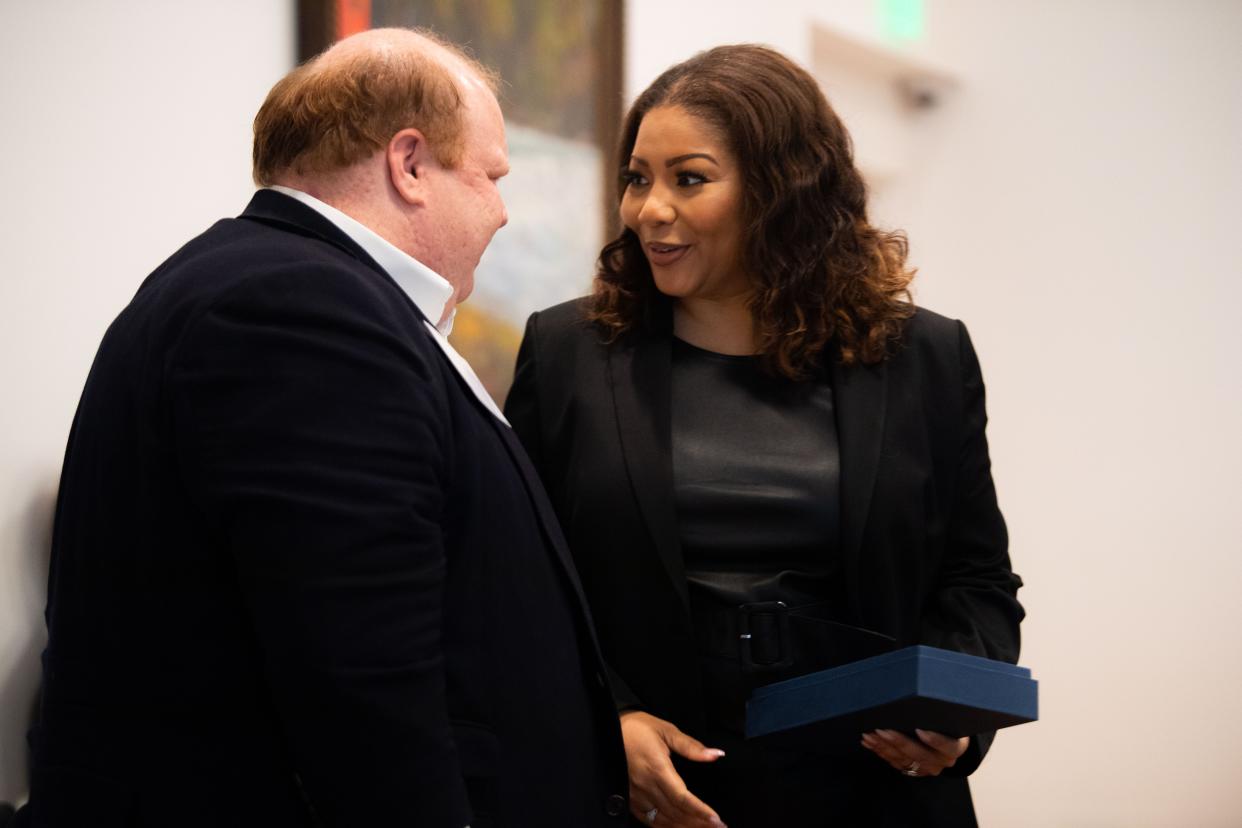Metro Nashville Public Schools Director Adrienne Battle received the "changemaker" award and greet Chief of Staff, Hank Clay, during the annual 2024 CEO Roundtable Series at the governor's mansion in Nashville, Tenn., Thursday, April 18, 2024.
