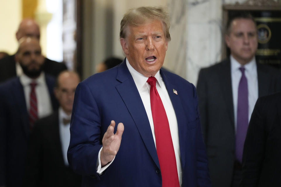 Former President Donald Trump speaks after his defense team finished presenting closing arguments at New York Supreme Court, Thursday, Jan. 11, 2024, in New York. (AP Photo/Seth Wenig)