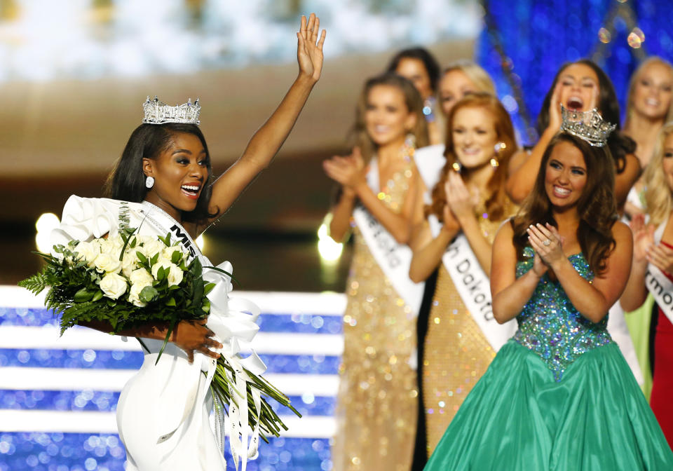 Miss New York Nia Franklin reacts after being named Miss America 2019, Sunday, Sept. 9, 2018, in Atlantic City, N.J. (AP Photo/Noah K. Murray)