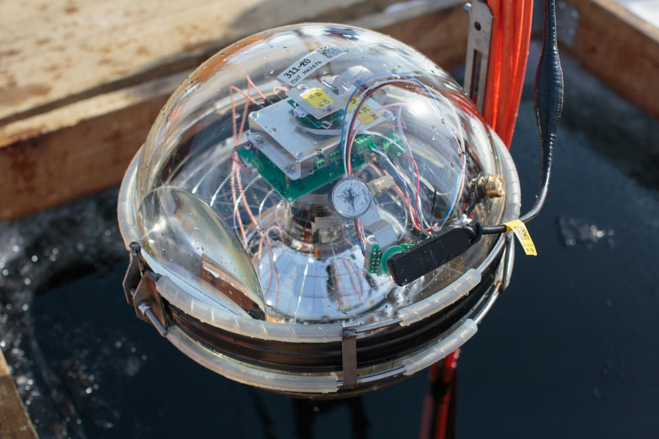 IRKUTSK REGION, RUSSIA - MARCH 13, 2021: The Baikal Gigaton Volume Detector (Baikal-GVD) deep underwater neutrino telescope built on Lake Baikal. The project is aimed at studying the flux of high-energy cosmic neutrinos and searching for their sources. The telescope is installed 3.5 km offshore in Lake Baikal at the depth of 750-1300 m. Alexei Kushnirenko/TASS (Photo by Alexei Kushnirenko\TASS via Getty Images)