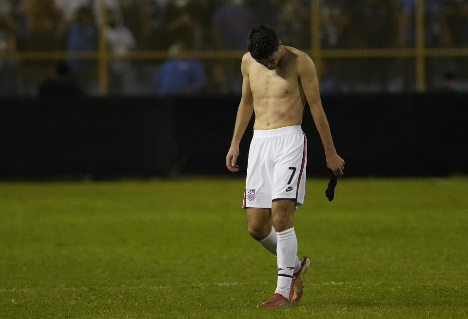 United States's Gio Reyna reacts at the end of a qualifying soccer match against El Salvador for the FIFA World Cup Qatar 2022 at Cuscatlan stadium in San Salvador, El Salvador, Thursday, Sept. 2, 2021. (AP Photo/Moises Castillo)
