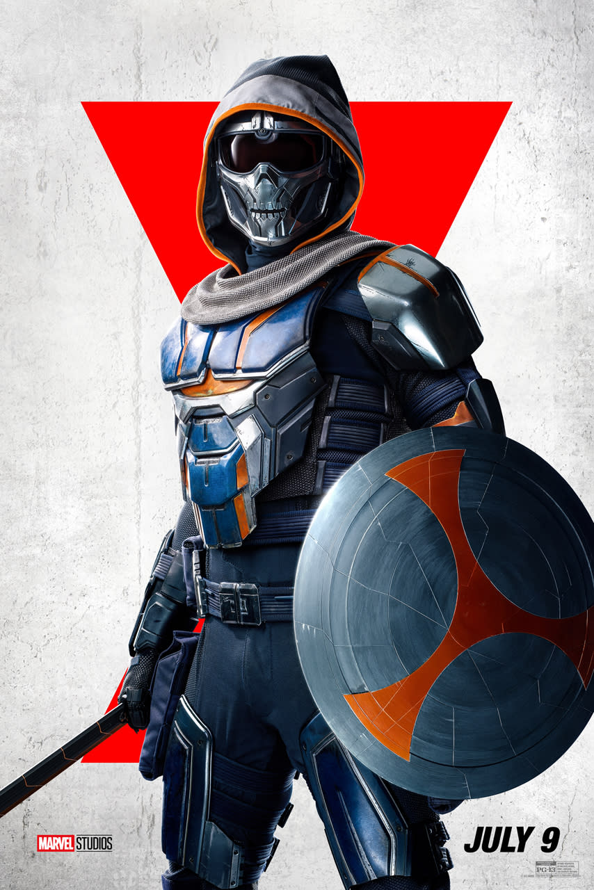 Taskmaster wears a metallic mask, bullet-proof vest, and fabric hood, and holds a round shield and staff or sword weapon.