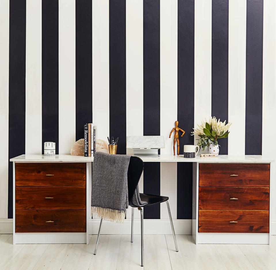 <p>A pair of IKEA chests can house even a stationary addict's office supplies. Connect the bureaus with a painted plywood plank, and you'll be feeling productive in no time. </p><p><em><a rel="nofollow noopener" href="http://www.goodhousekeeping.com/home/craft-ideas/g3315/rast-ikea-dresser-hacks/" target="_blank" data-ylk="slk:See more at Good Housekeeping »;elm:context_link;itc:0;sec:content-canvas" class="link ">See more at Good Housekeeping »</a></em></p>