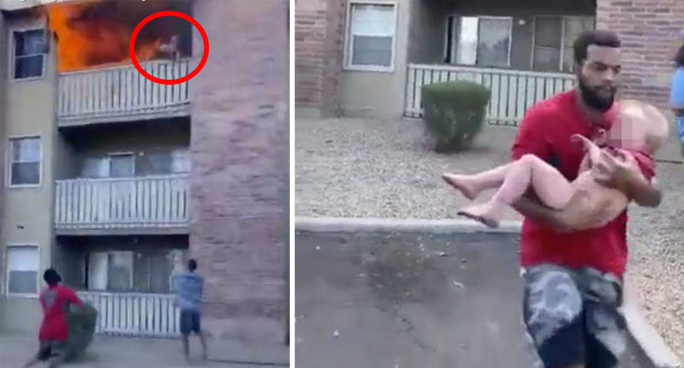 Two stills from a dramatic video of a Phoenix house fire showing a mum in a burning apartment throwing her son off the balcony (left) and being caught by Phillip Blanks (right) who carries him away to safety.