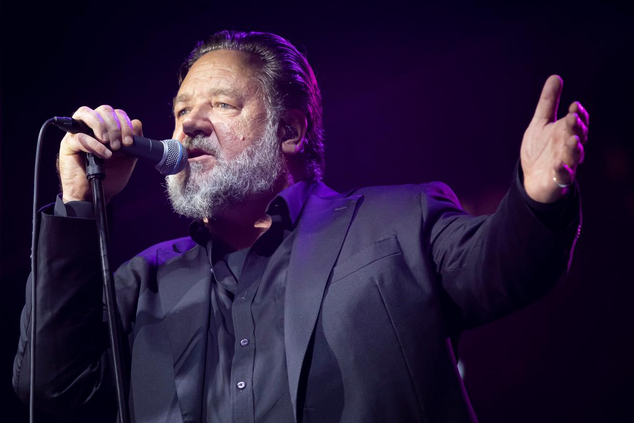 Russell Crowe performs with his band Indoor Garden Party during the "Firebrand" Premiere and opening ceremony for the 57th Karlovy Vary International Film Festival on June 30, 2023, in Karlovy Vary, Czech Republic.