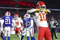 Kansas City Chiefs running back Isiah Pacheco (10) reacts after scoring a touchdown against the Buffalo Bills during the fourth quarter of an NFL AFC division playoff football game, Sunday, Jan. 21, 2024, in Orchard Park, N.Y. (AP Photo/Jeffrey T. Barnes)