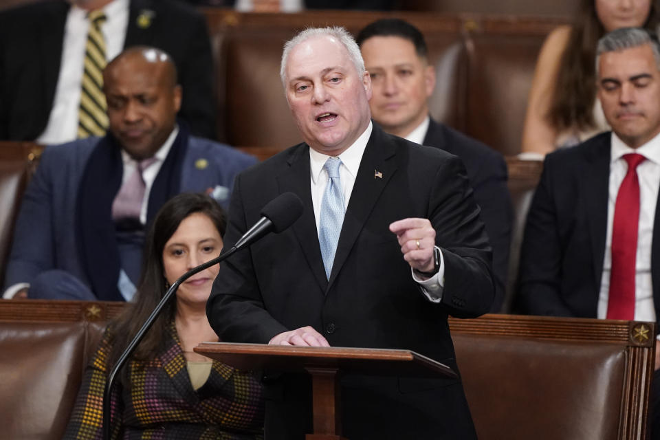 Rep. Steve Scalise, R-La., nominates Rep. Kevin McCarthy, R-Calif., for the third round of votes for Speaker of the House on the opening day of the 118th Congress at the U.S. Capitol, Tuesday, Jan. 3, 2023, in Washington.(AP Photo/Alex Brandon)