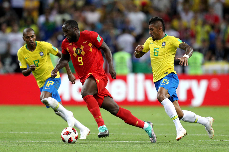 Romelu Lukaku glided past Brazilian midfielders Paulinho and Fernandinho in Belgium’s 2-1 World Cup quarterfinal upset of Brazil. (Getty)