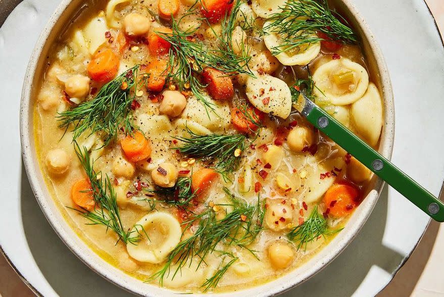 <p>This is an incredible vegan version of <a href="https://www.delish.com/cooking/recipe-ideas/recipes/a51338/homemade-chicken-noodle-soup-recipe/" rel="nofollow noopener" target="_blank" data-ylk="slk:chicken noodle soup;elm:context_link;itc:0;sec:content-canvas" class="link ">chicken noodle soup</a>, made with chickpeas instead of chicken and orecchiette instead of egg noodles. Cooking the pasta in the soup will yield a velvety, substantial broth, but for a leftover-friendly version, boil the noodles separately so they don’t bloat in the broth over time.</p><p>Get the <strong><a href="https://www.delish.com/cooking/recipe-ideas/a36972803/vegan-chickpea-noodle-soup-recipe/" rel="nofollow noopener" target="_blank" data-ylk="slk:Chickpea Noodle Soup recipe;elm:context_link;itc:0;sec:content-canvas" class="link ">Chickpea Noodle Soup recipe</a></strong>.</p>