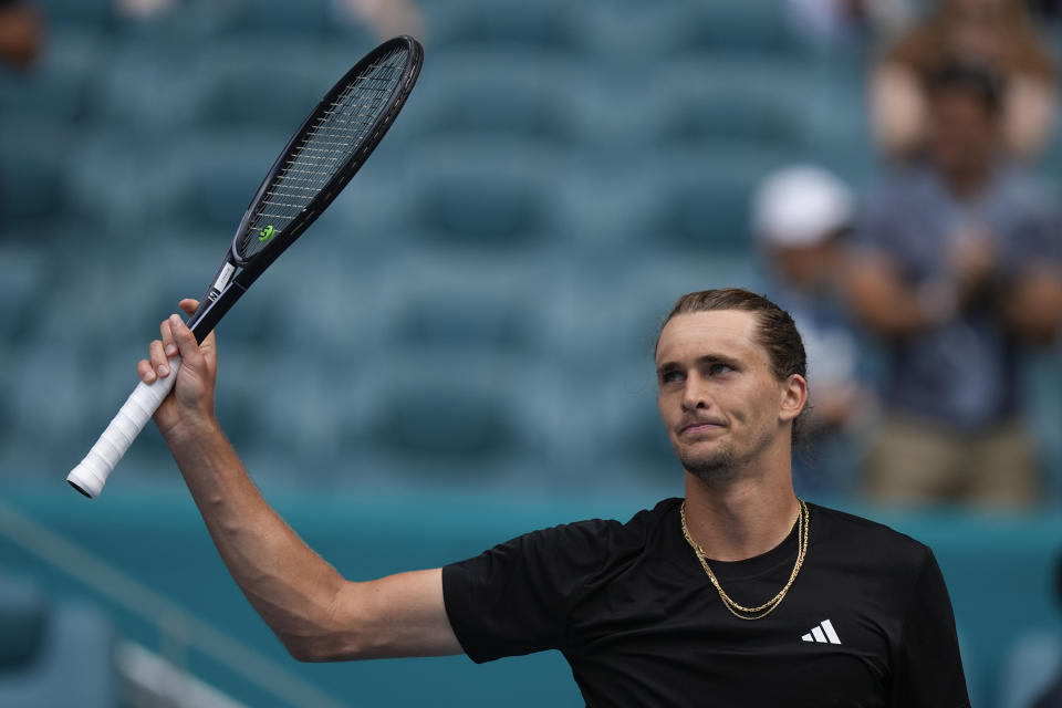 Alexander Zverev, of Germany, salutes fans after beating Christopher Eubanks in their men's third round match at the Miami Open tennis tournament, Monday, March 25, 2024, in Miami Gardens, Fla. (AP Photo/Rebecca Blackwell)