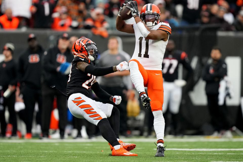 Cincinnati Bengals cornerback Cam Taylor-Britt allowed some big catches early against the Browns last December, but he buckled down and made the game-ending pass breakup.
