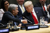 United Nations Secretary General Antonio Guterres, left, shakes hands with President Donald Trump during the "Global Call to Action on the World Drug Problem" at the United Nations General Assembly, Monday, Sept. 24, 2018, at U.N. Headquarters. (AP Photo/Evan Vucci)