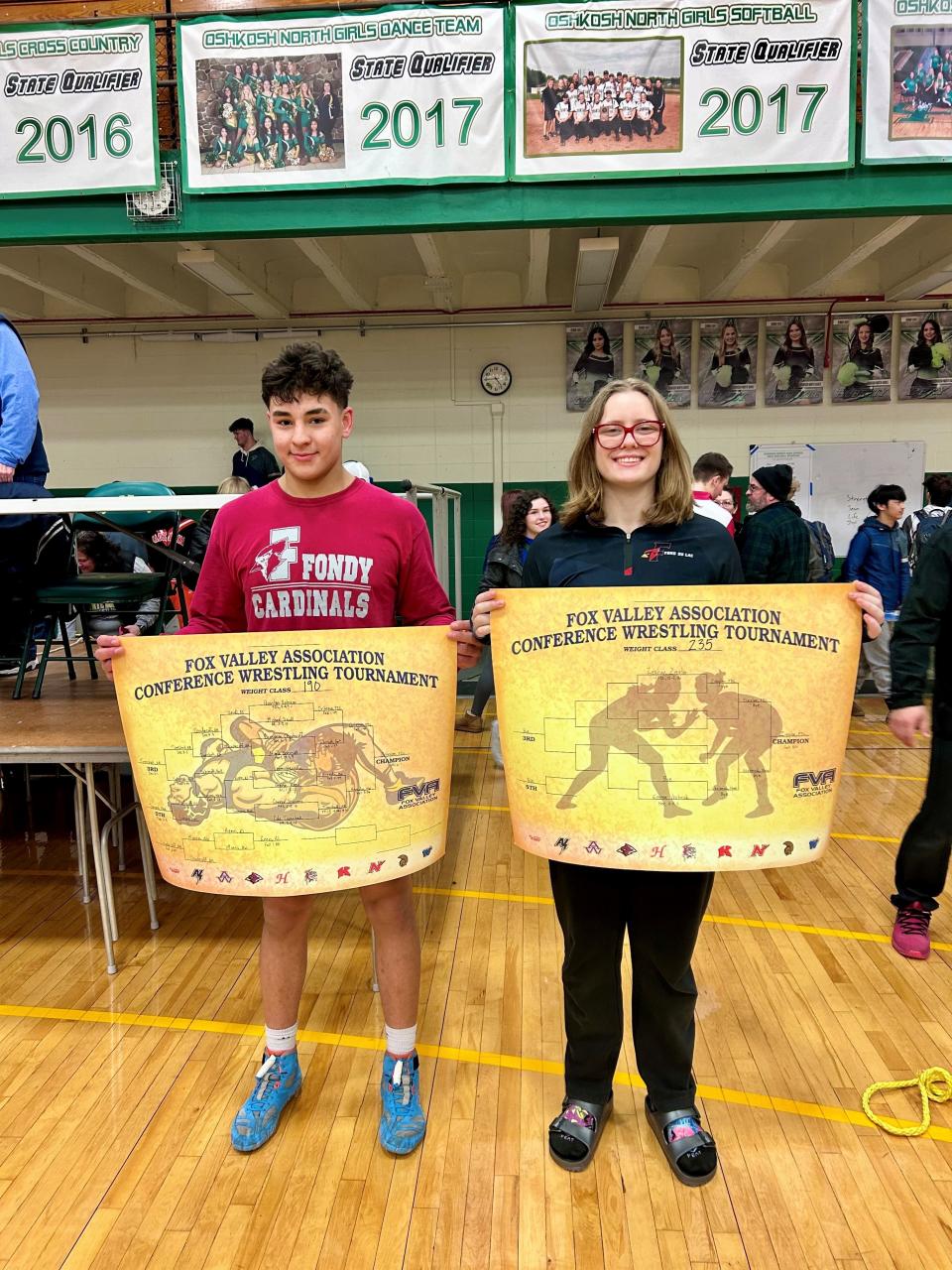 Fond du Lac High School freshman Quinton Ortegon (190-lb) and junior Reghan Ziegler (235-lb) each took first place in their respective weight classes at the Fox Valley Association conference championship tournament meet, Sat. Feb. 3, 2024 at Oshkosh North High School in Oshkosh, Wis.