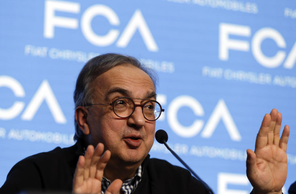 FILE - In this Friday, June 1, 2018 file photo, Fiat Chrysler CEO Sergio Marchionne speaks during a press conference at the FCA headquarter, in Balocco, Italy. On Wednesday, July 25, 2018, holding company of Fiat founding family said Sergio Marchionne, who oversaw turnarounds of Fiat and Chrysler, has died. (AP Photo/Luca Bruno, file)