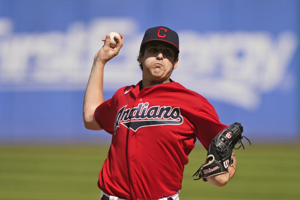 Cleveland Indians starting pitcher Cal Quantrill delivers in the first inning of a baseball game against the Kansas City Royals, Monday, Sept. 27, 2021, in Cleveland. (AP Photo/Tony Dejak)