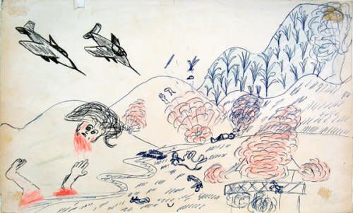 Among the Legacies Library’s holdings are a group of 32 drawings by Lao villagers that depict what the U.S. air war looked like from below. (Courtesy Legacies of War)