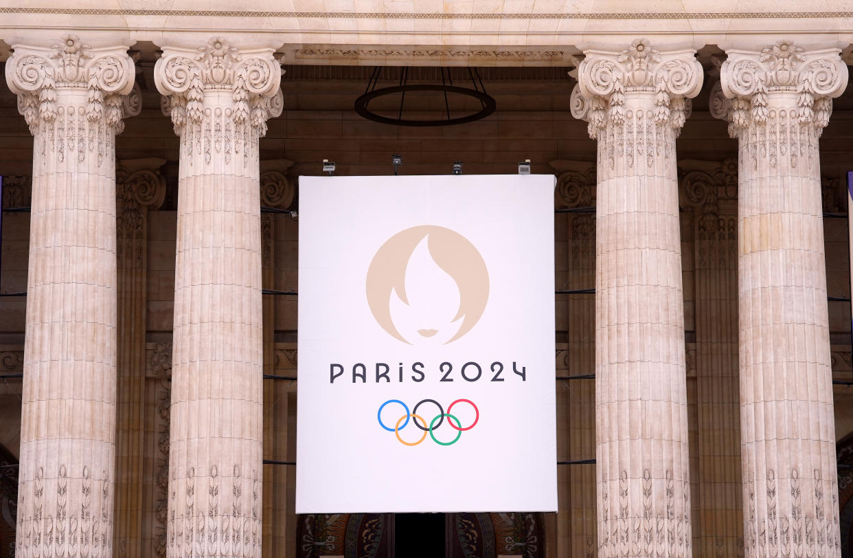 A Paris 2024 banner logo at the Grand Palais, Paris. The Opening Ceremony of the Paris 2024 Olympic Games takes place on Friday 26th July, along the River Seine. Picture date: Tuesday July 23, 2024. (Photo by David Davies/PA Images via Getty Images)