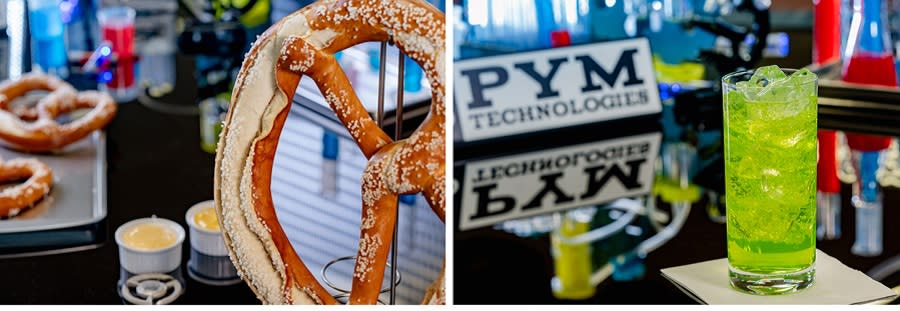 A side by side image of a giant pretzel and a bright green beverage