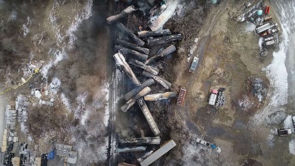 PHOTO: This video screenshot released by the U.S. National Transportation Safety Board (NTSB) shows the site of a derailed freight train in East Palestine, Ohio, Feb. 15, 2023. (NTSB/Xinhua News Agency via Getty Images)