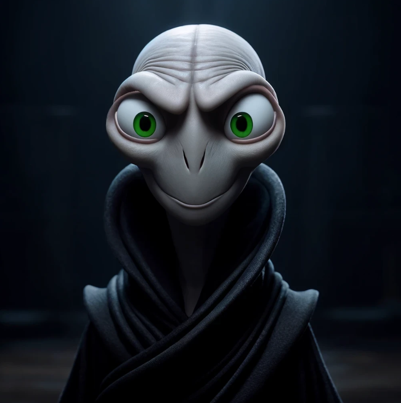 Close-up of animated character Voldemort from the "Harry Potter" series