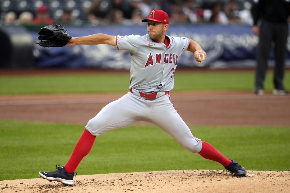 Los Angeles Angels starting pitcher Tyler Anderson delivers during the first inning of a baseball game against the Pittsburgh Pirates in Pittsburgh, Monday, May 6, 2024. (AP Photo/Gene J. Puskar)