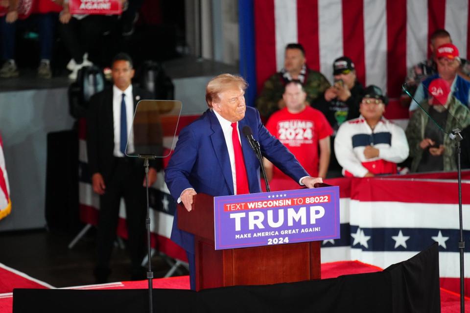 Former President Donald Trump speaks at a rally in Waukesha Wednesday, May 1, 2024. This was Trump's second event in Wisconsin in 2024.