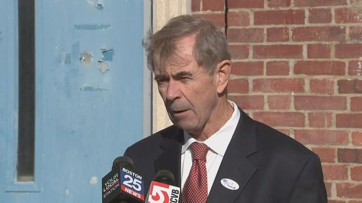 Secretary of State Bill Galvin speaks with reporters after voting in Brighton on Tuesday.